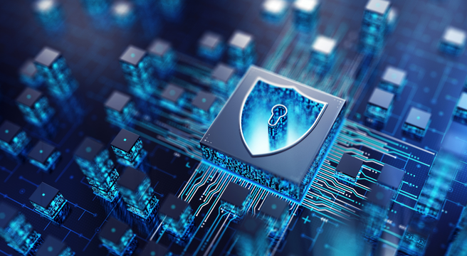 Image: Circuit board with a security shield icon